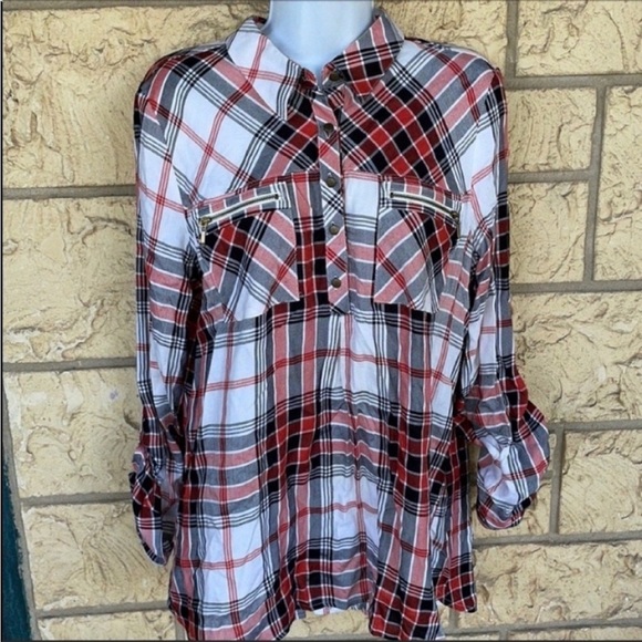 Takara plaid Top blouse Long sleeve Button 3/4 Size Large - Picture 2 of 12